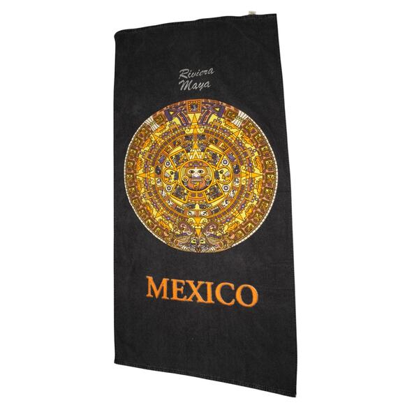 Vintage Riviera Maya Mexico Aztec Sun Stone Calendar Souvenir Towel Black - Picture 1 of 7